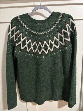 Cotton On Dark Green Fair Isle Crewneck Sweater with White & Brown Pattern
